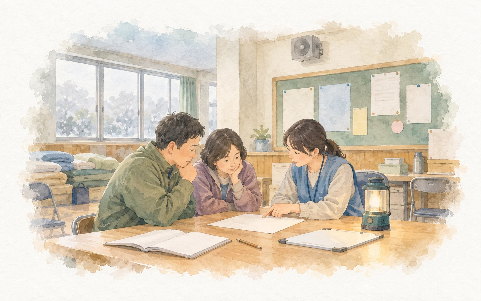 避難所の掲示板のそばで、机の上の紙を見ながら説明を受ける人たち。筆談ボードとランタンが置かれている。
